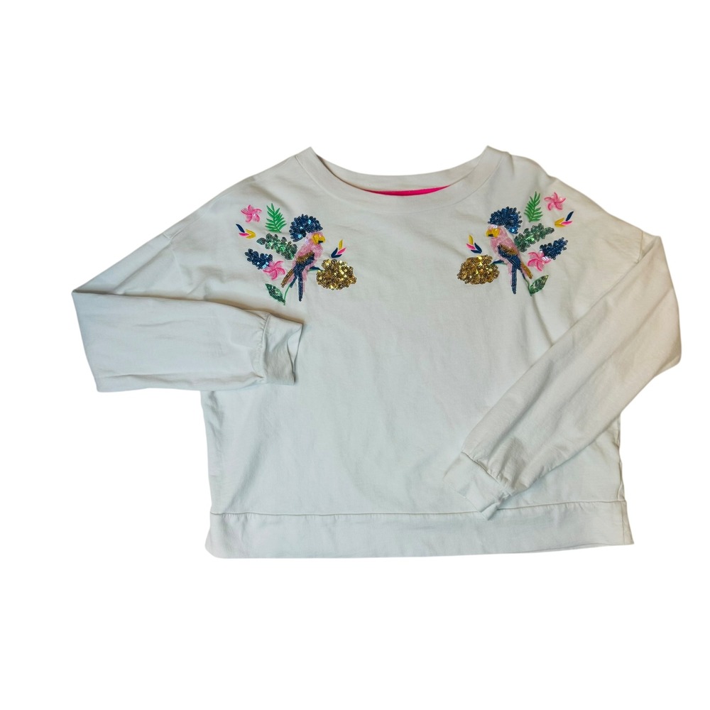 Lilly Pulitzer White Parrot Sequin Tropical Embroidered Crew Neck Sweatshirt - Picture 7 of 10
